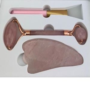 ROSE QUARTZ FACIAL ROLLER, GUA SHA BOARD + BRUSH